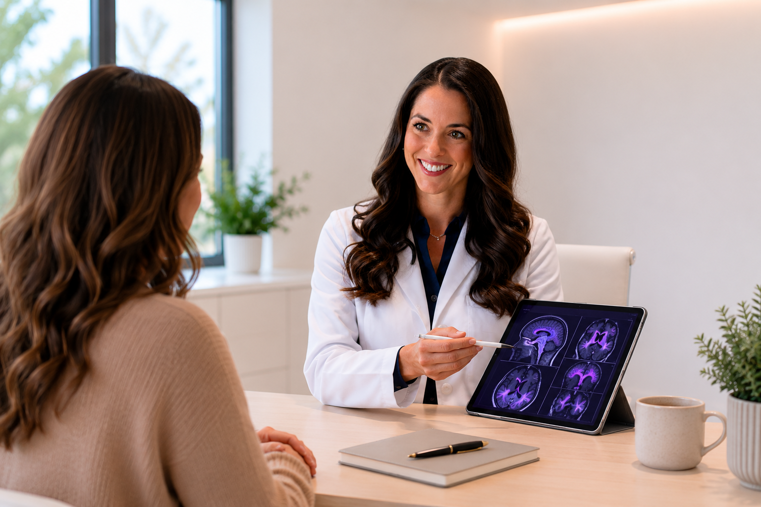 Dr. McCarthy reviewing brain imaging with a patient